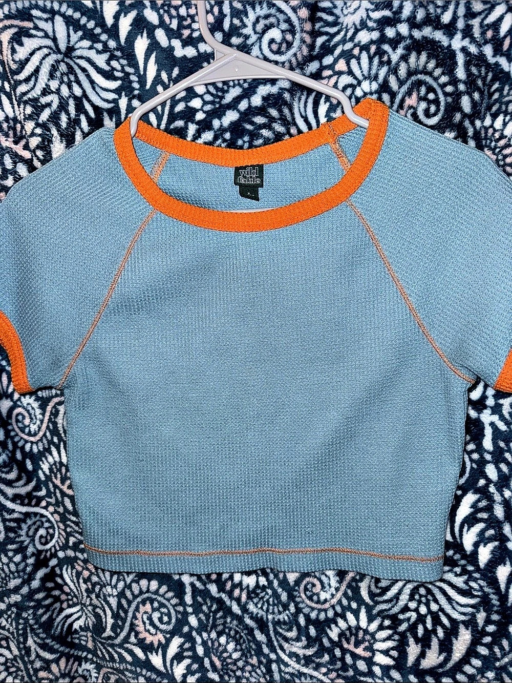Wild Fable Short Sleeve Ringer Trim Crop Top Blue & Orange Small